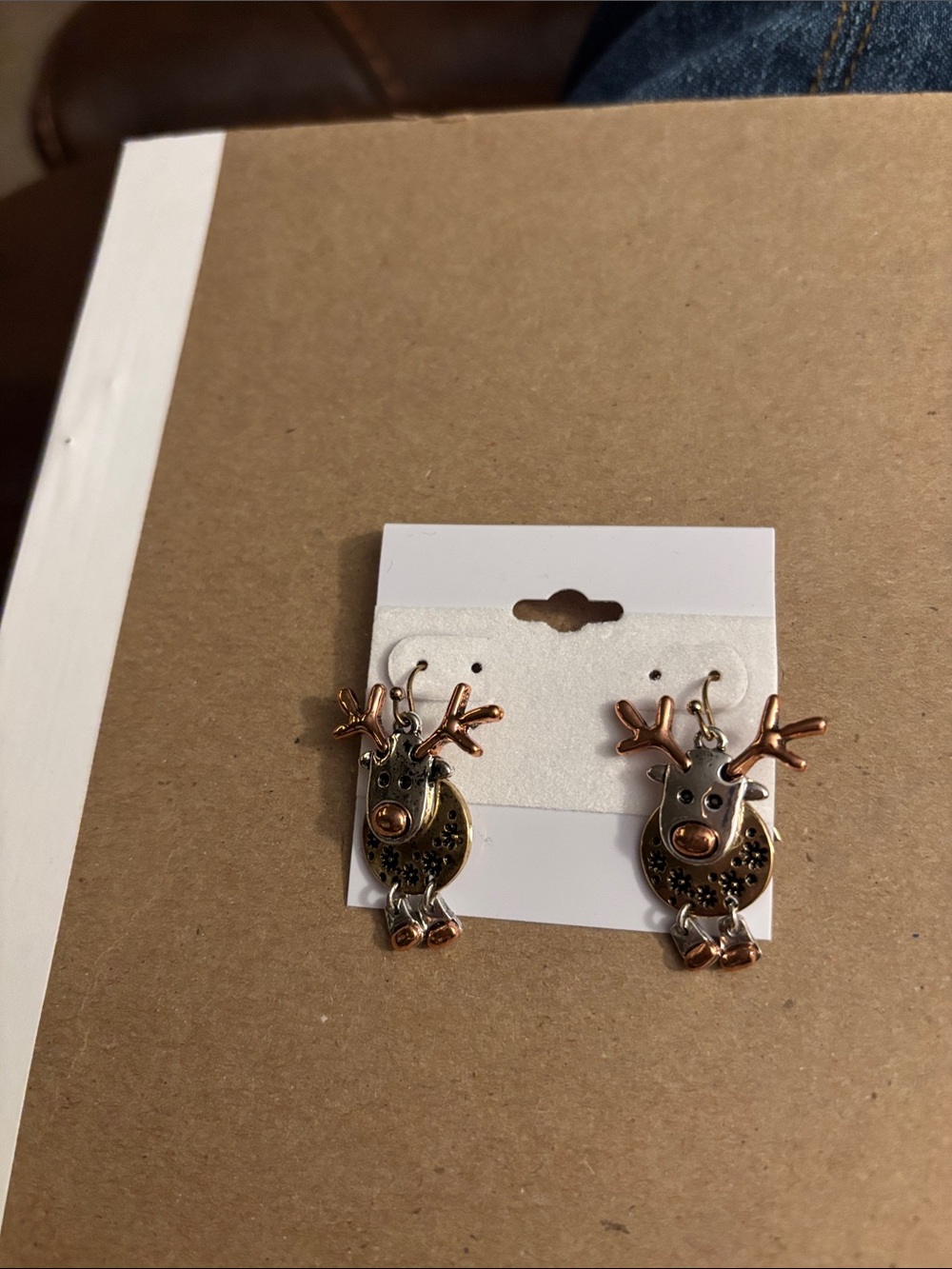Holiday Reindeer Dangle Earrings - Two-Tone Gold & Rose Gold. 1 1/4”.